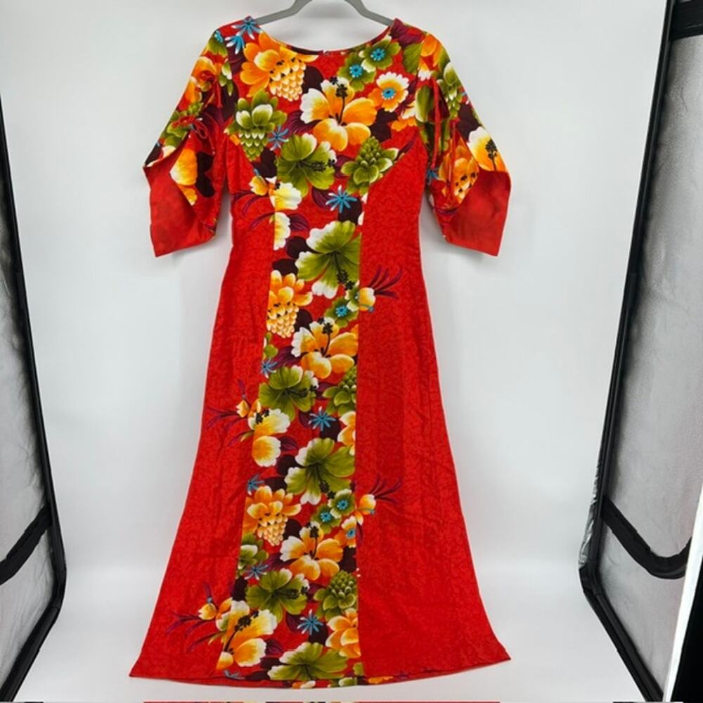 VTG 70s Reef Hawaiian Maxi Dress Womens S Red Cotton Tropical Luau Wedding USA